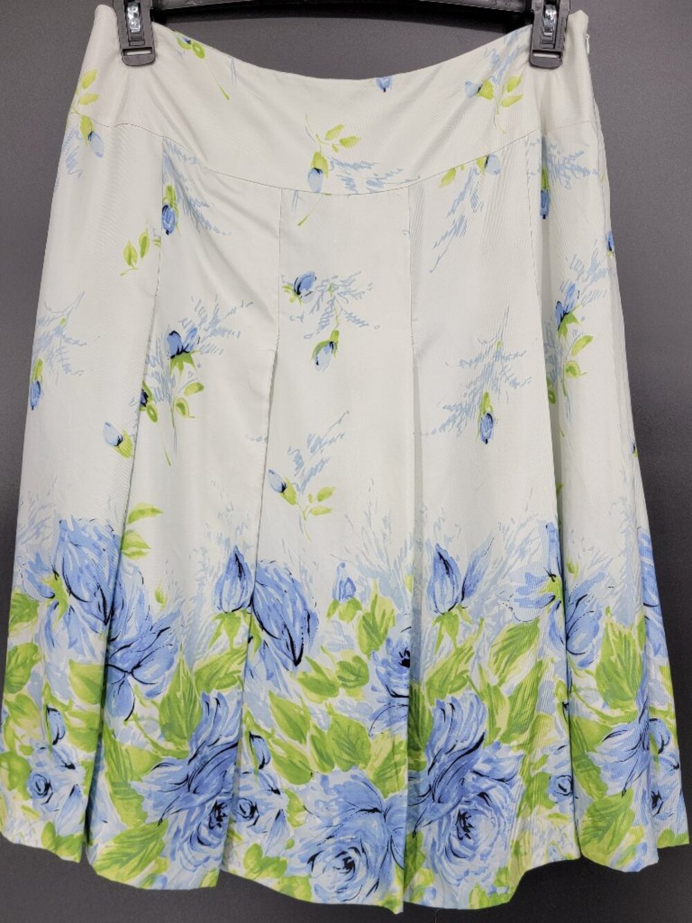 Nine West Pleated Silk Midi Length Skirt White Blue Green Floral Women's 12